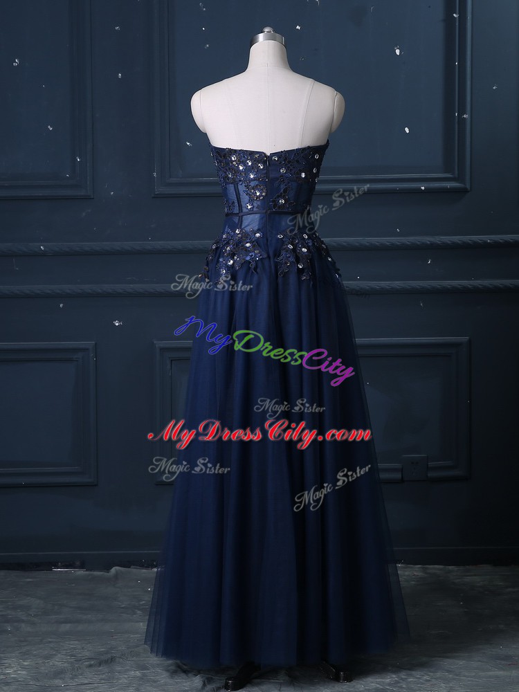 Inexpensive Column/Sheath Evening Dress Navy Blue Sweetheart Tulle Sleeveless Floor Length Zipper