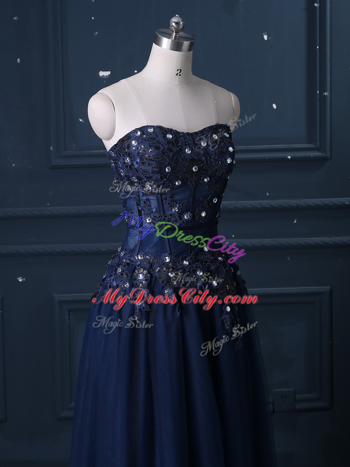 Inexpensive Column/Sheath Evening Dress Navy Blue Sweetheart Tulle Sleeveless Floor Length Zipper