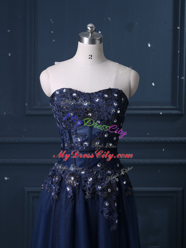 Inexpensive Column/Sheath Evening Dress Navy Blue Sweetheart Tulle Sleeveless Floor Length Zipper