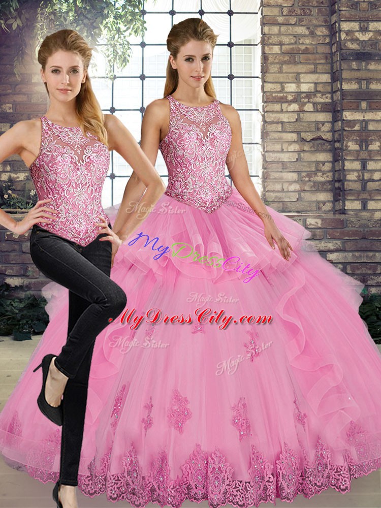 Gorgeous Rose Pink Sleeveless Floor Length Lace and Embroidery and Ruffles Lace Up Ball Gown Prom Dress