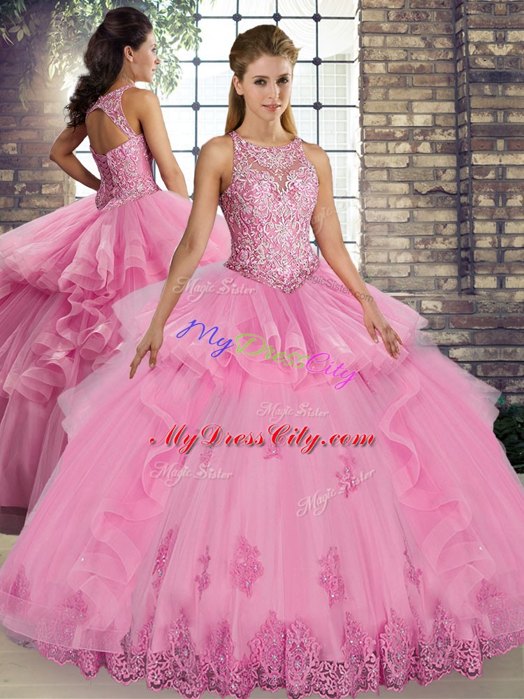 Gorgeous Rose Pink Sleeveless Floor Length Lace and Embroidery and Ruffles Lace Up Ball Gown Prom Dress