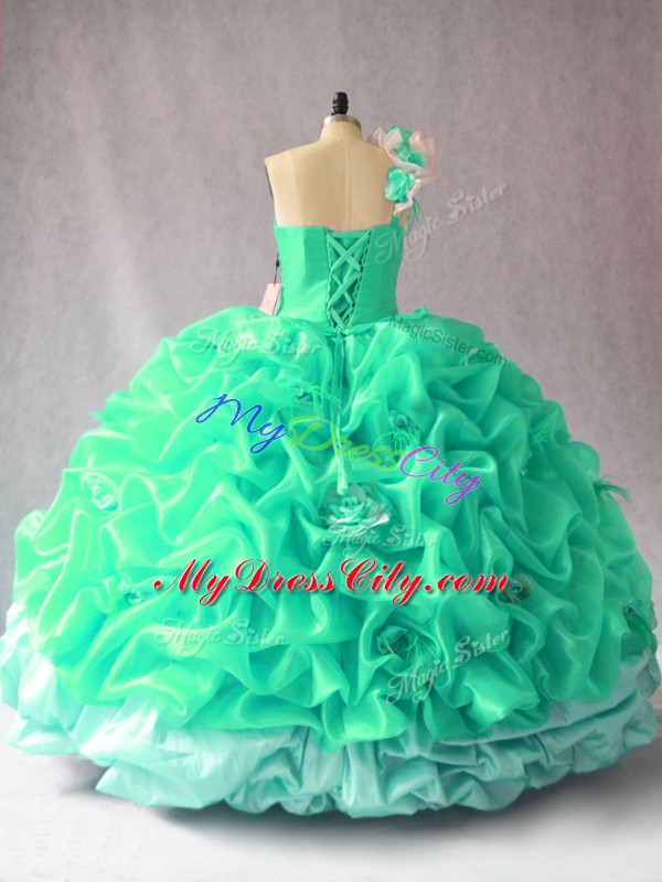 Fashion Turquoise Ball Gowns One Shoulder Sleeveless Organza Floor Length Lace Up Pick Ups and Hand Made Flower Sweet 16 Dresses