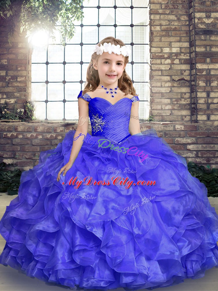 Blue Sleeveless Organza Lace Up Girls Pageant Dresses for Party and Sweet 16 and Wedding Party