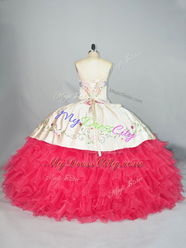 Elegant White And Red Sleeveless Organza Lace Up 15 Quinceanera Dress for Sweet 16 and Quinceanera