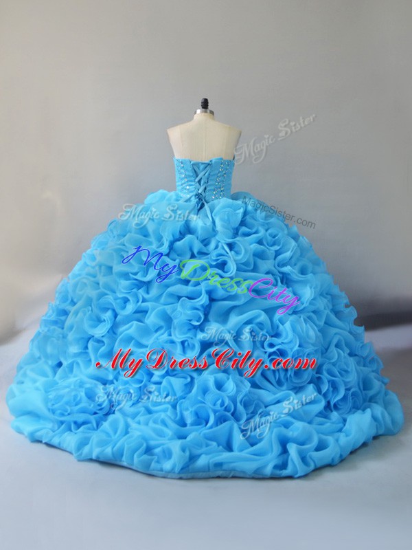 Modest Baby Blue Quinceanera Gowns Sweetheart Sleeveless Court Train Lace Up