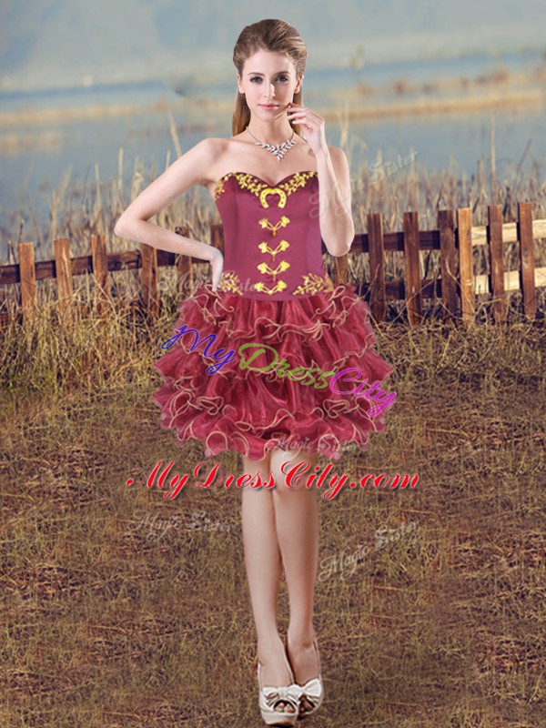 Popular Burgundy Satin and Organza Lace Up 15 Quinceanera Dress Sleeveless Brush Train Embroidery and Ruffles