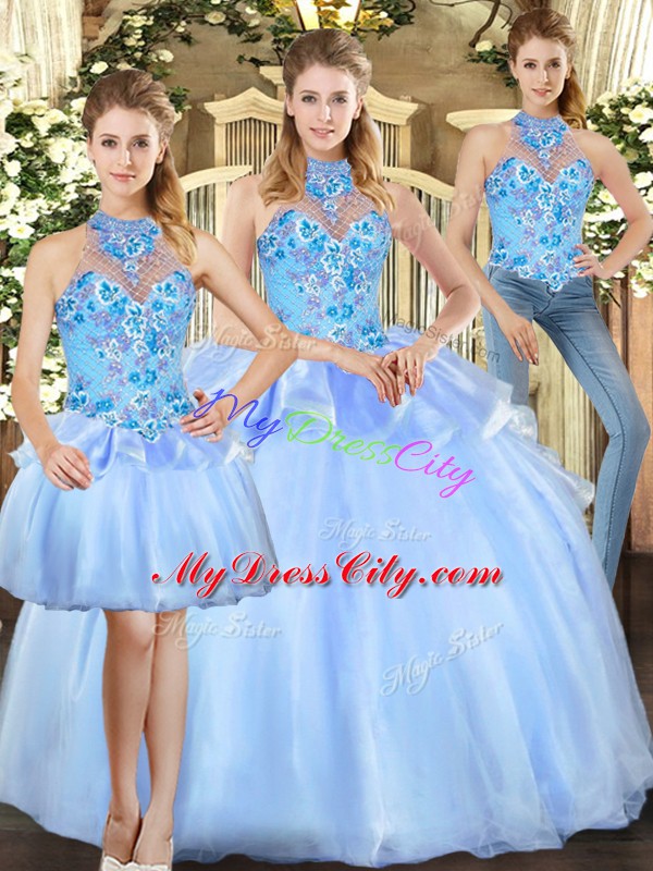 Custom Fit Sleeveless Lace Up Floor Length Embroidery 15th Birthday Dress