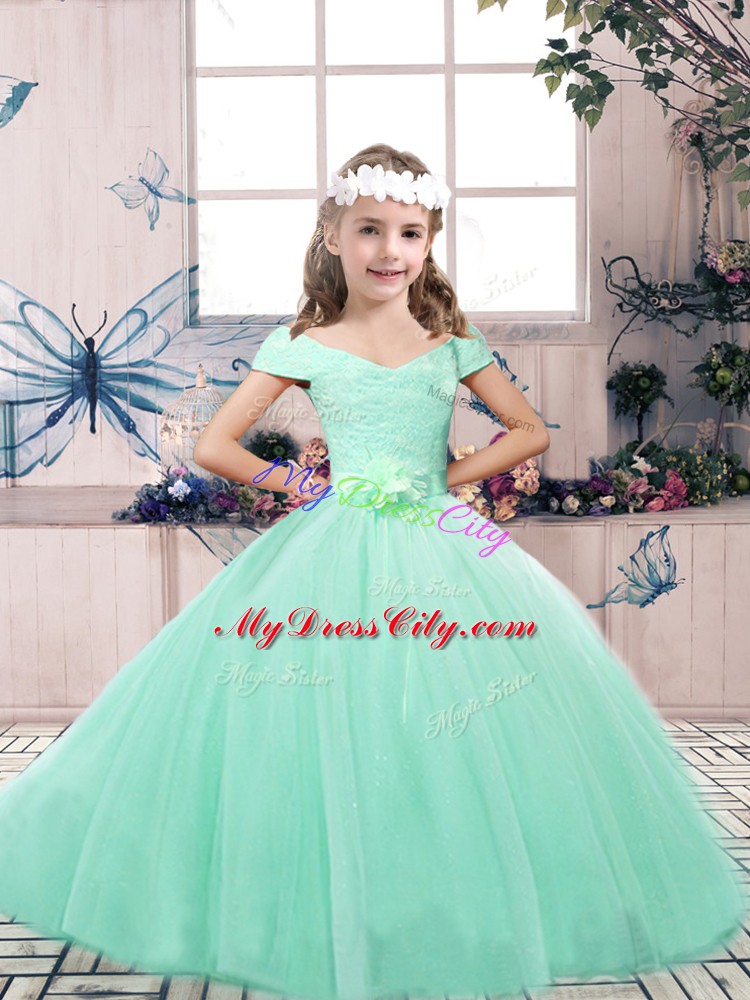 Apple Green Tulle Lace Up Off The Shoulder Sleeveless Floor Length Pageant Dresses Lace and Belt