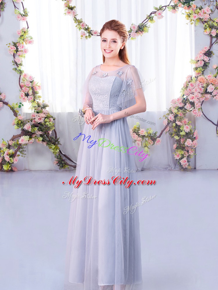 Short Sleeves Tulle Floor Length Side Zipper Bridesmaid Dresses in Grey with Lace and Belt