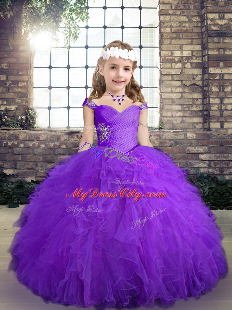 Purple Straps Neckline Beading and Ruffles Little Girls Pageant Dress Sleeveless Lace Up