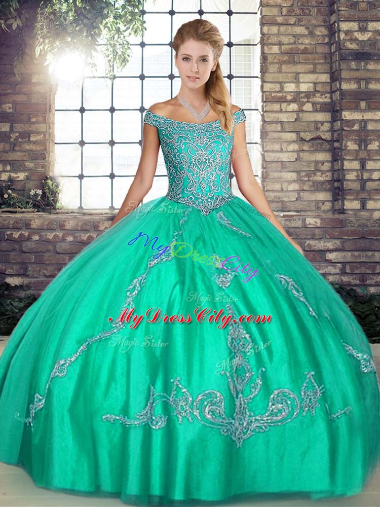 Classical Off The Shoulder Sleeveless Lace Up Quinceanera Gowns Turquoise Tulle