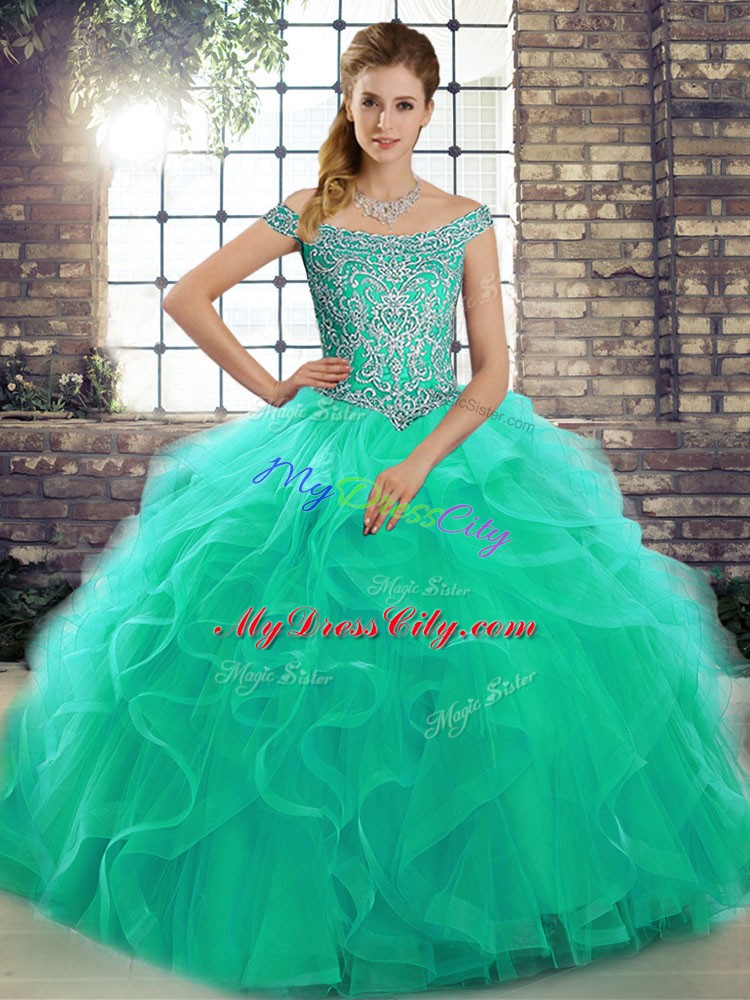 Captivating Turquoise Ball Gowns Beading and Ruffles Quinceanera Gown Lace Up Tulle Sleeveless