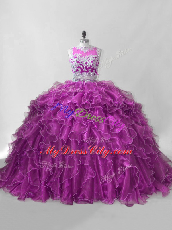 High Quality Organza Scoop Sleeveless Brush Train Zipper Beading and Ruffles Ball Gown Prom Dress in Fuchsia