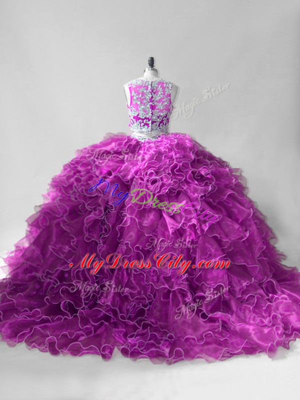 High Quality Organza Scoop Sleeveless Brush Train Zipper Beading and Ruffles Ball Gown Prom Dress in Fuchsia