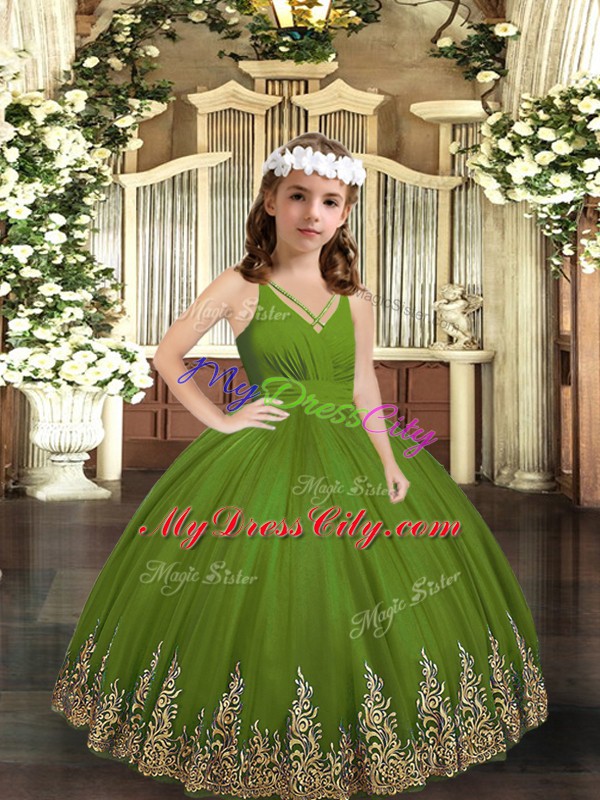 Olive Green V-neck Zipper Appliques Girls Pageant Dresses Sleeveless