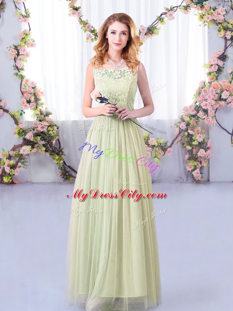 Yellow Green Empire Tulle Off The Shoulder Half Sleeves Lace and Belt Floor Length Side Zipper Bridesmaid Dress