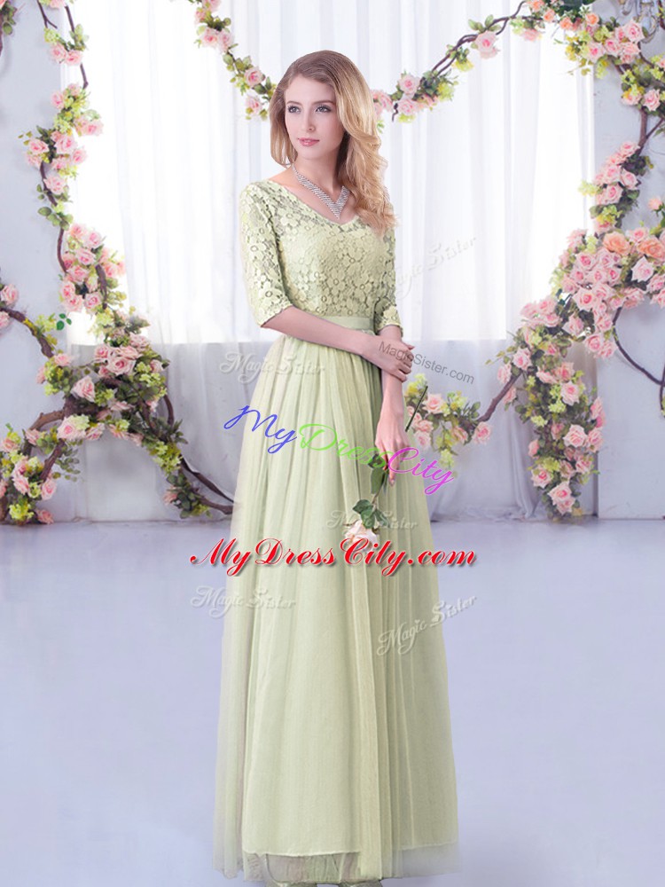 Yellow Green Empire Tulle Off The Shoulder Half Sleeves Lace and Belt Floor Length Side Zipper Bridesmaid Dress