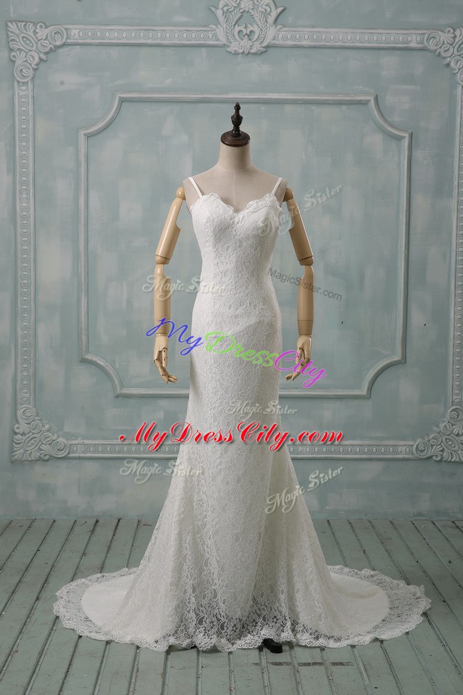 Extravagant White Spaghetti Straps Backless Lace Wedding Dress Brush Train Sleeveless