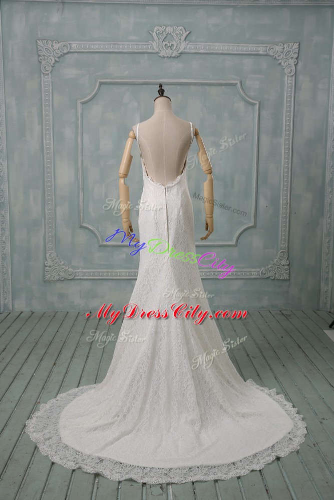 Extravagant White Spaghetti Straps Backless Lace Wedding Dress Brush Train Sleeveless