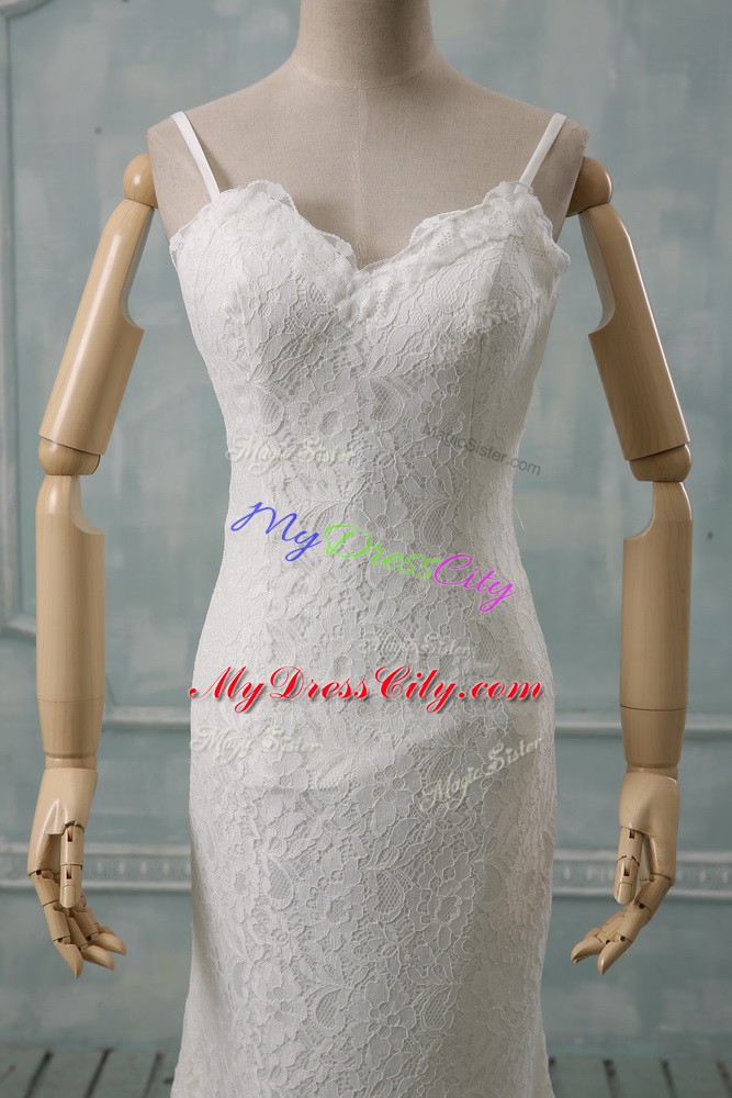 Extravagant White Spaghetti Straps Backless Lace Wedding Dress Brush Train Sleeveless