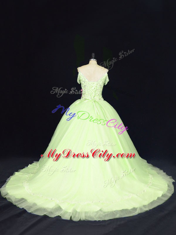 Pretty Yellow Green Tulle Lace Up Sweet 16 Dress Sleeveless Court Train Beading