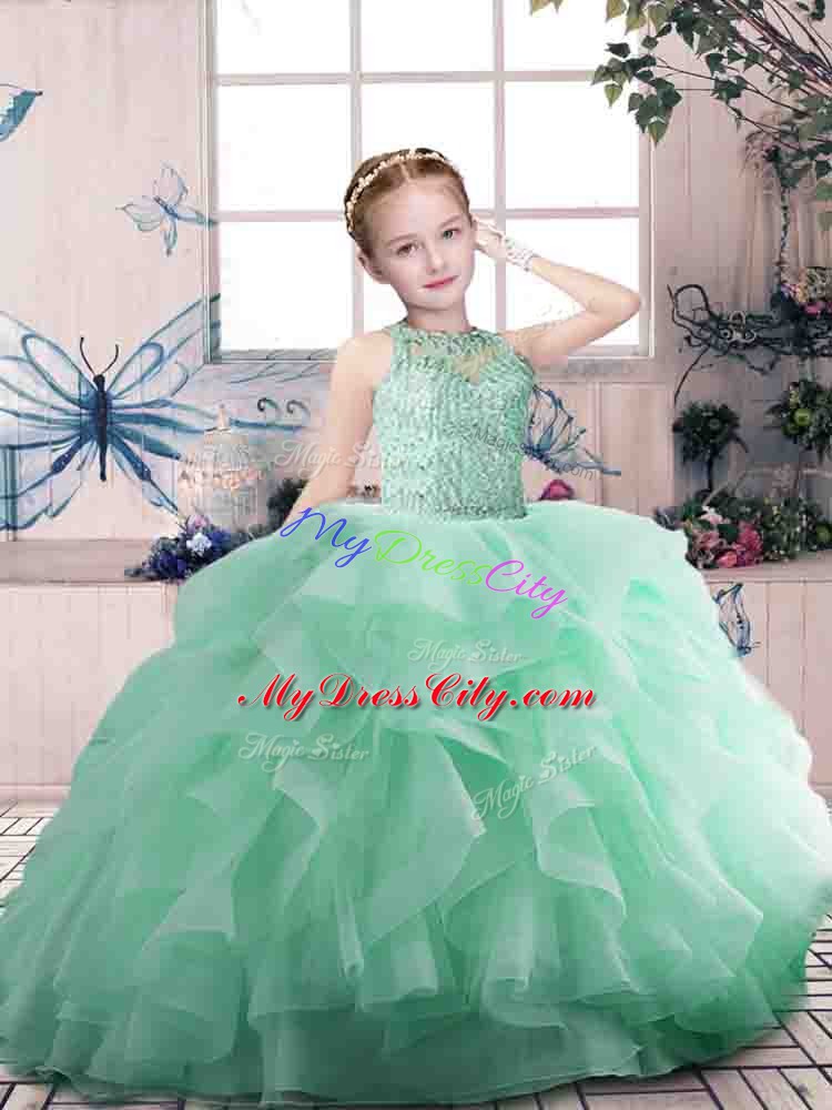 Apple Green Organza Zipper Pageant Dress Toddler Sleeveless Floor Length Beading and Ruffles