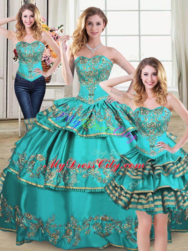 Floor Length Lace Up Quinceanera Gowns Aqua Blue for Sweet 16 and Quinceanera with Embroidery and Ruffled Layers