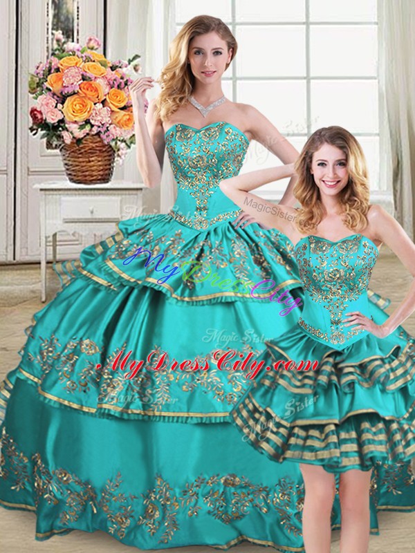 Floor Length Lace Up Quinceanera Gowns Aqua Blue for Sweet 16 and Quinceanera with Embroidery and Ruffled Layers