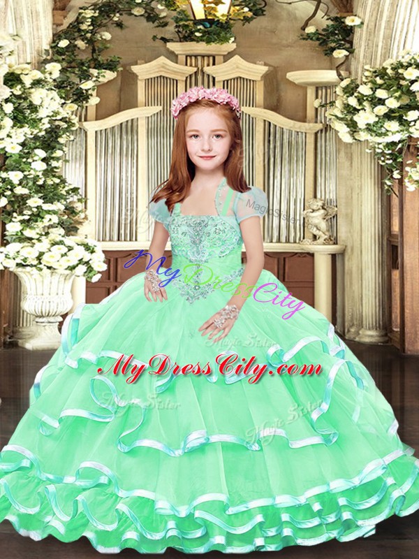 Apple Green Little Girls Pageant Dress Wholesale Party and Sweet 16 and Wedding Party with Beading and Ruffled Layers Straps Sleeveless Lace Up