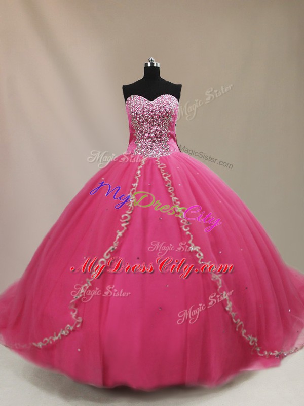 Inexpensive Tulle Sleeveless Ball Gown Prom Dress Court Train and Beading