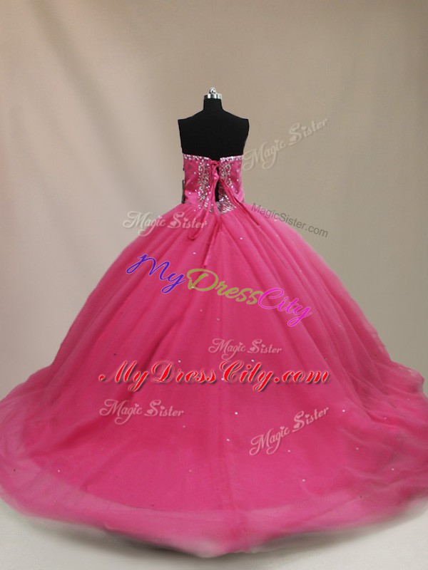 Inexpensive Tulle Sleeveless Ball Gown Prom Dress Court Train and Beading