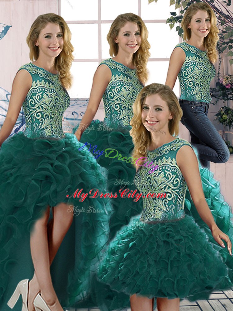 High Class Peacock Green Ball Gown Prom Dress Military Ball and Sweet 16 and Quinceanera with Beading and Ruffles Scoop Sleeveless Lace Up