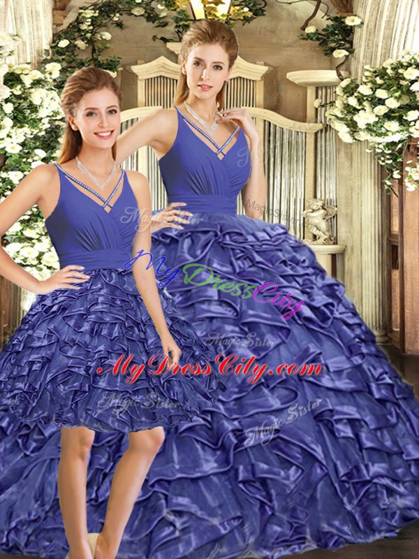 Floor Length Backless Quinceanera Dresses Lavender for Sweet 16 and Quinceanera with Ruffles Brush Train