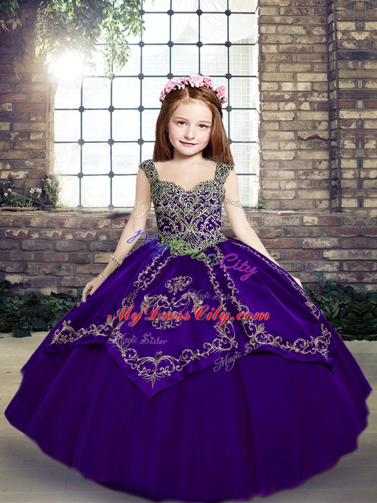 Floor Length Lace Up Little Girl Pageant Gowns Purple for Party and Military Ball and Wedding Party with Embroidery