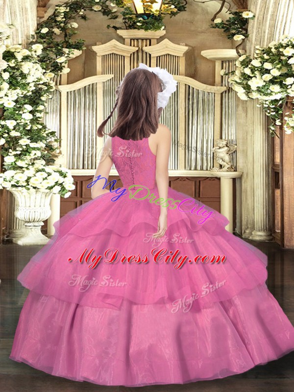 Pink Organza Zipper Kids Formal Wear Sleeveless Floor Length Beading and Ruffled Layers