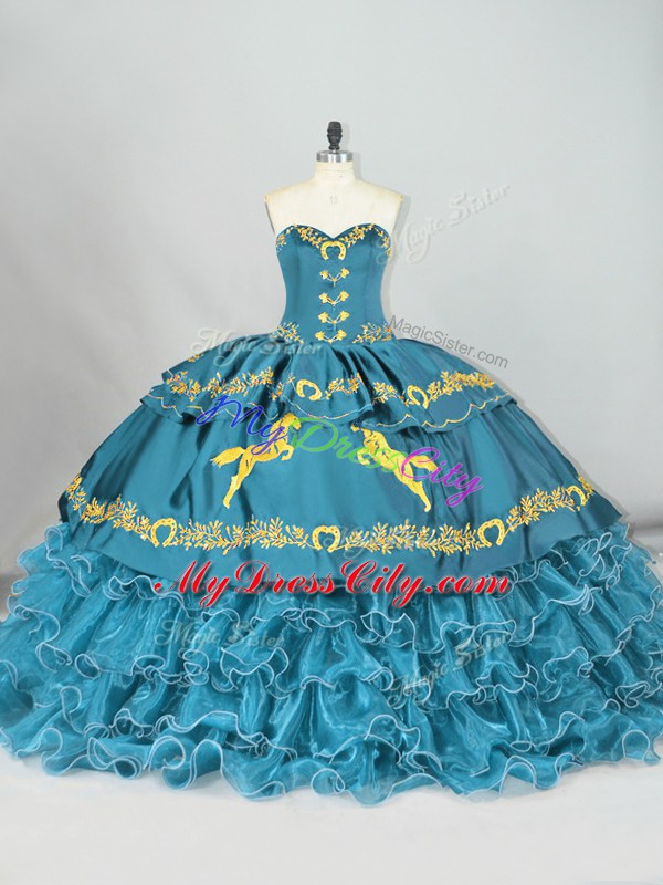 Lovely Brush Train Ball Gowns 15th Birthday Dress Teal Sweetheart Satin and Organza Sleeveless Lace Up