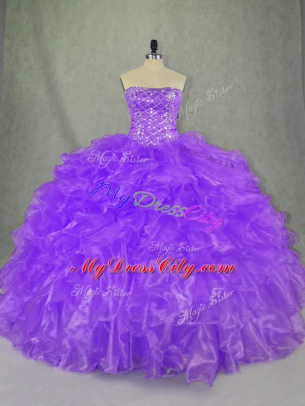 Floor Length Purple Ball Gown Prom Dress Organza Sleeveless Beading and Ruffles