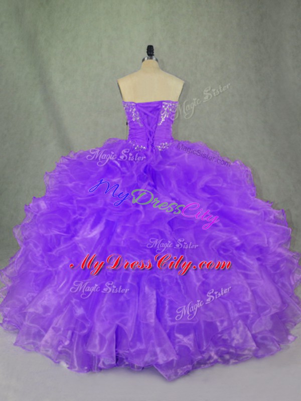 Floor Length Purple Ball Gown Prom Dress Organza Sleeveless Beading and Ruffles