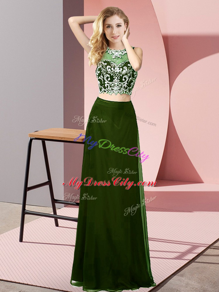 Sleeveless Floor Length Beading Backless Evening Party Dresses with Olive Green