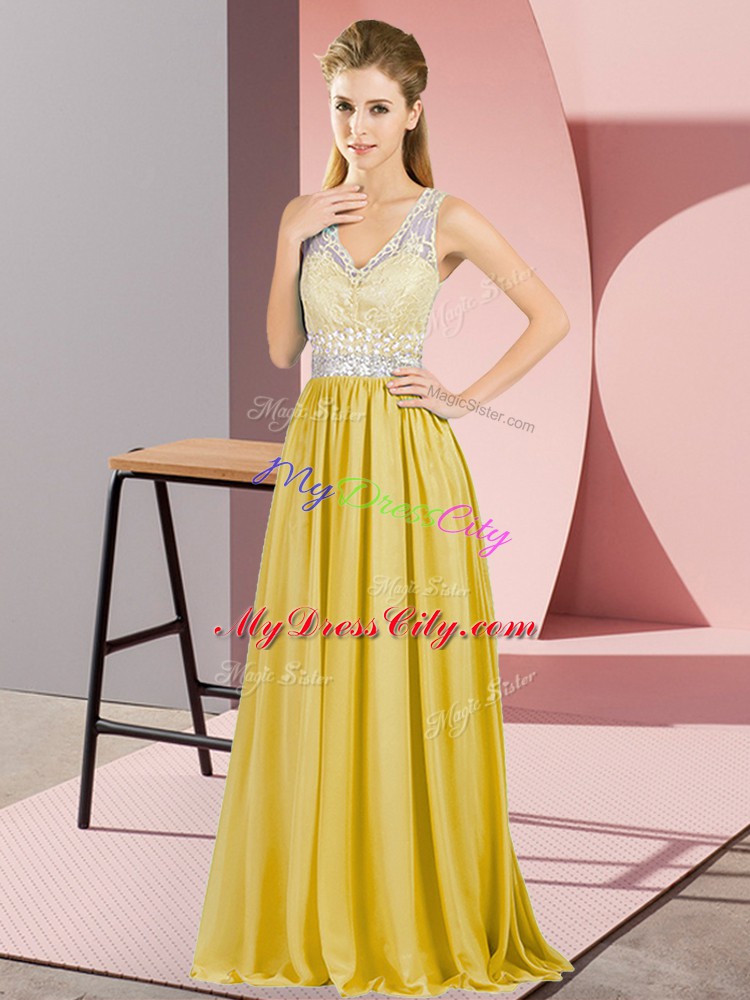 Customized Floor Length Criss Cross Evening Dress Gold for Prom and Party and Military Ball with Beading and Lace