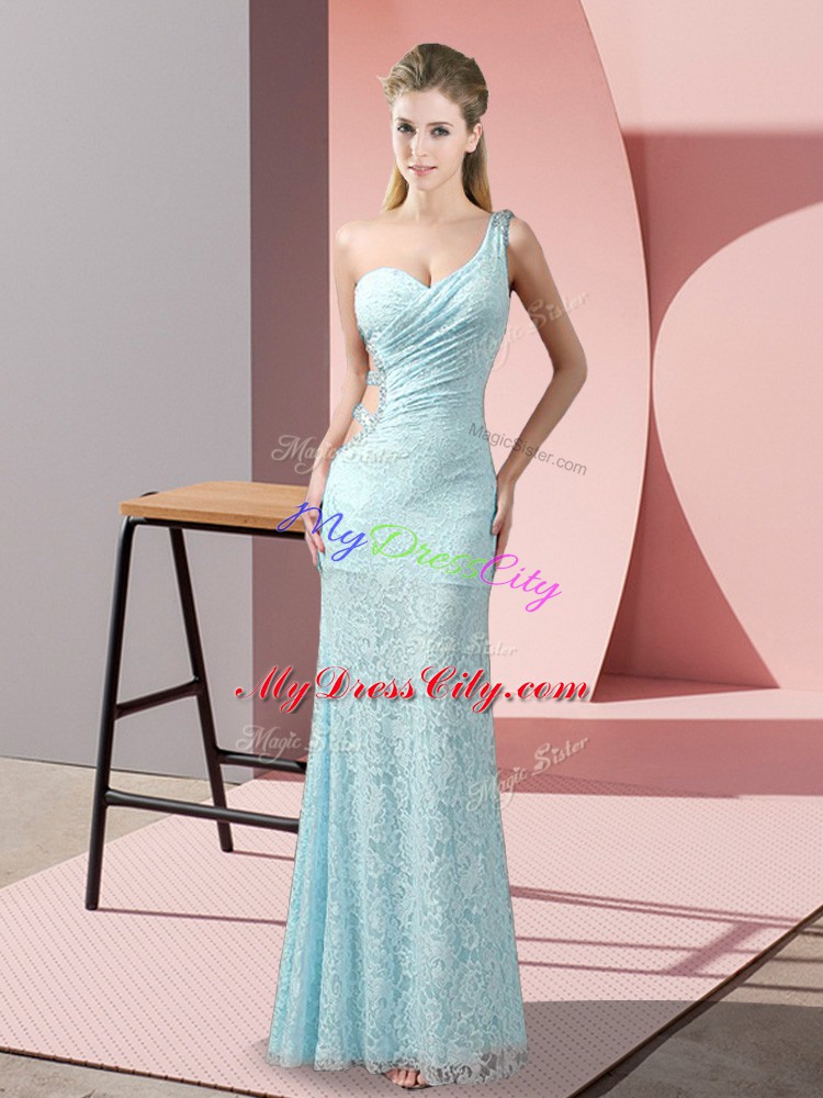 Ideal Light Blue Lace Criss Cross Evening Wear Sleeveless Floor Length Beading and Lace