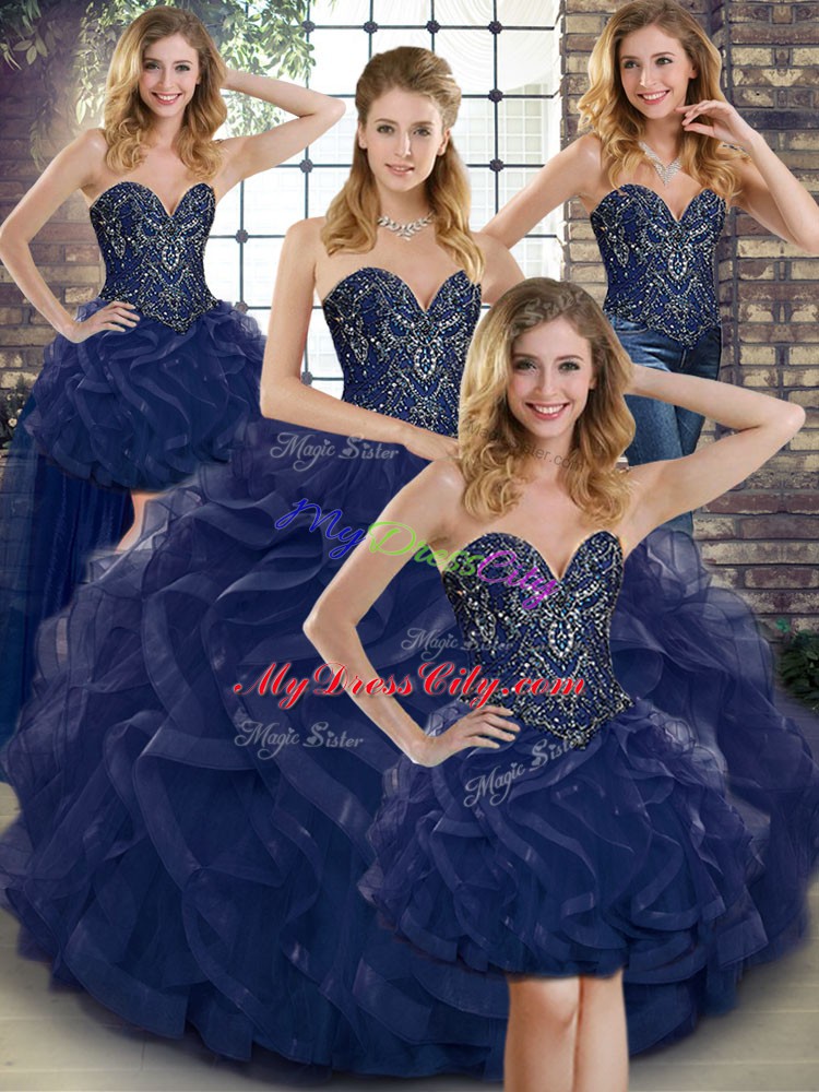 Cute Floor Length Lace Up Vestidos de Quinceanera Navy Blue for Military Ball and Sweet 16 and Quinceanera with Beading and Ruffles