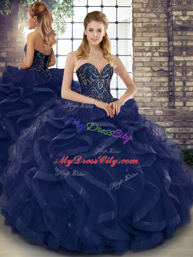 Cute Floor Length Lace Up Vestidos de Quinceanera Navy Blue for Military Ball and Sweet 16 and Quinceanera with Beading and Ruffles