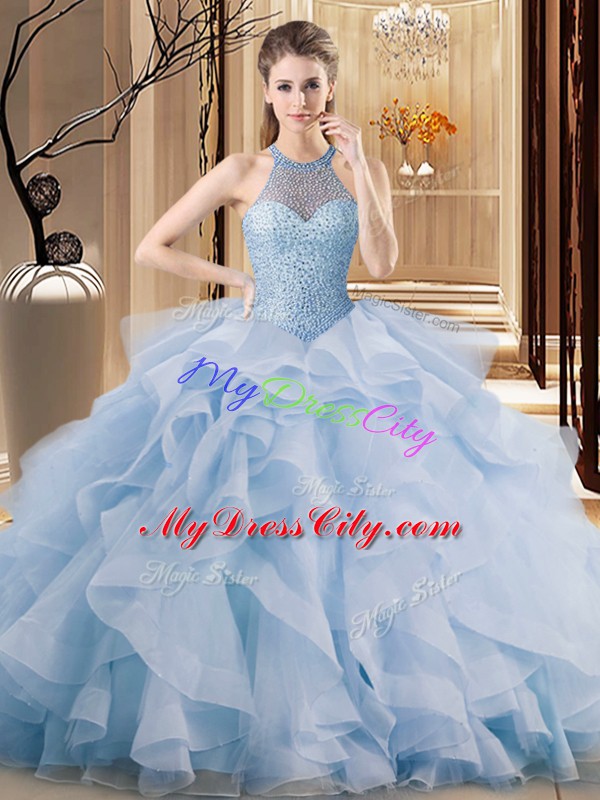 Fancy Ball Gowns Sleeveless Blue Quinceanera Dresses Brush Train Lace Up