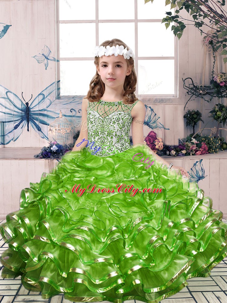 Green Scoop Lace Up Beading and Ruffles Pageant Dress Toddler Sleeveless