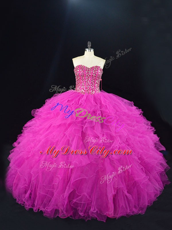 Most Popular Beading and Ruffles Quinceanera Dresses Fuchsia Lace Up Sleeveless Floor Length