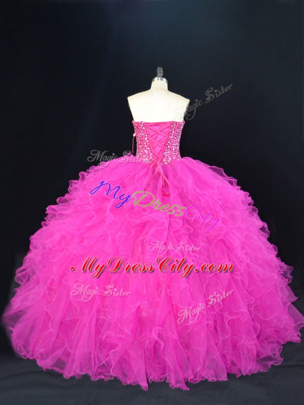 Most Popular Beading and Ruffles Quinceanera Dresses Fuchsia Lace Up Sleeveless Floor Length