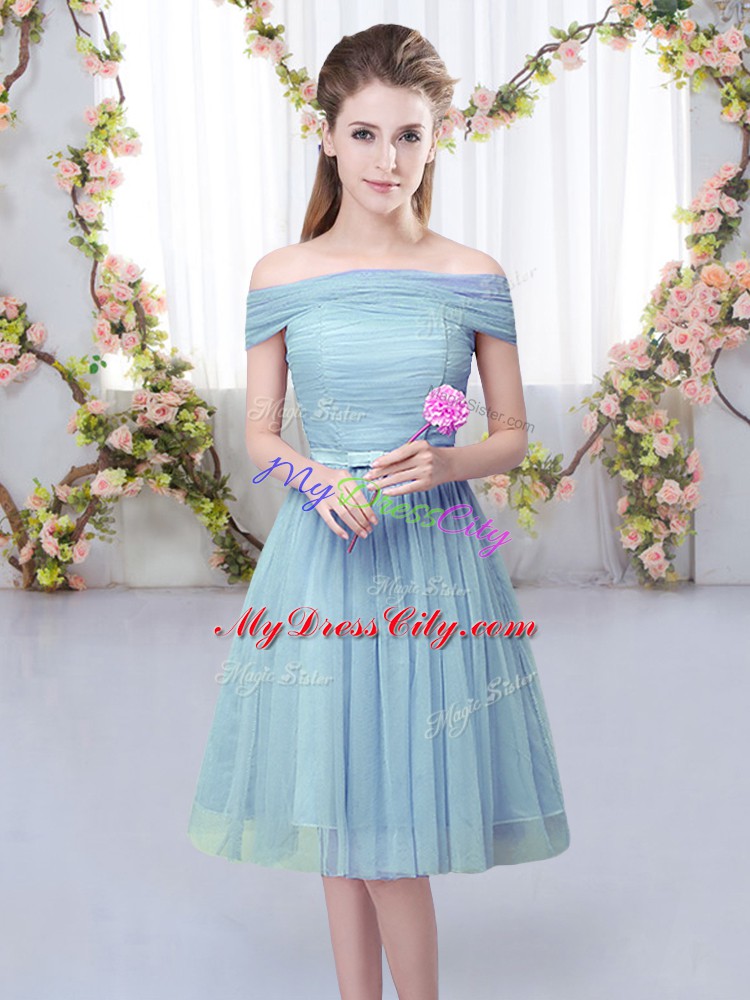 Chic Short Sleeves Knee Length Belt Lace Up Bridesmaids Dress with Blue