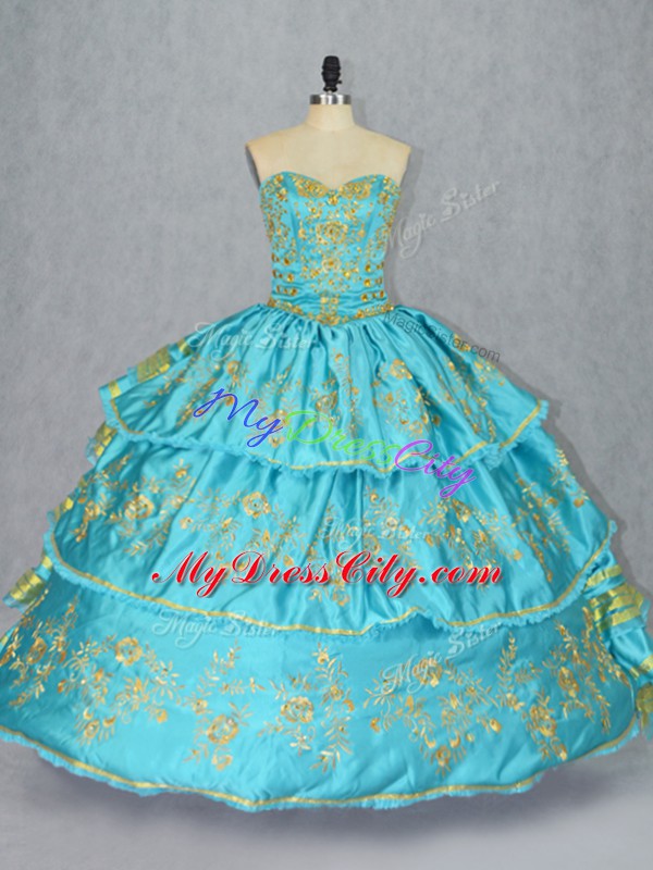 Cheap Baby Blue Lace Up 15th Birthday Dress Embroidery and Ruffled Layers Sleeveless Floor Length