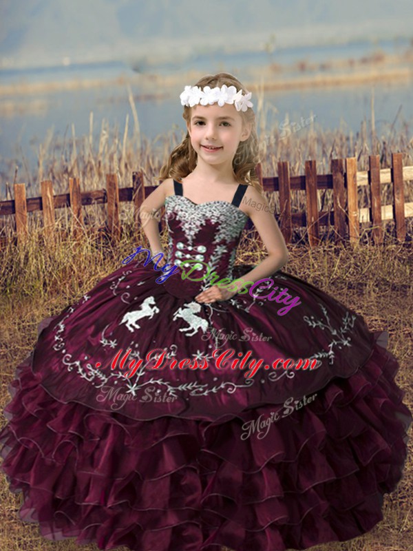 Straps Sleeveless Custom Made Pageant Dress Floor Length Embroidery and Ruffled Layers Burgundy Organza